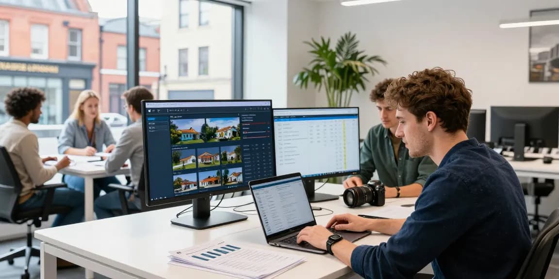 Professional team managing Manchester short-term rental management in a vibrant city office.