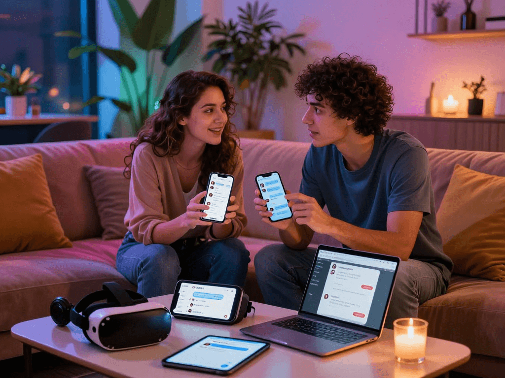 Couple using devices for nsfw ai chat in a cozy lounge setting
