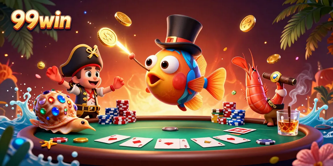 Win big with 99win's thrilling casino atmosphere featuring an anglerfish and pirate shrimp!