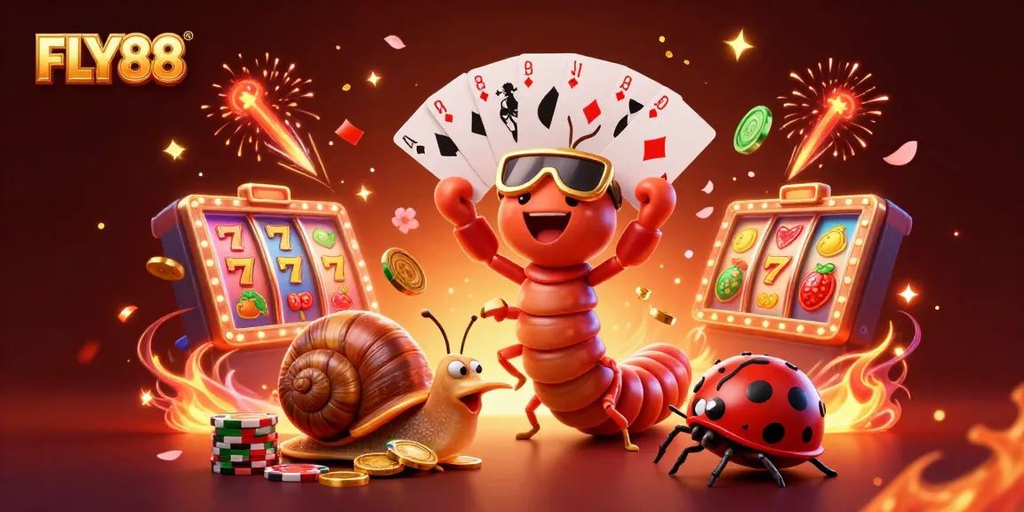 FLY88 showcases an exciting casino with a cartoon millipede dealer and vibrant game elements.