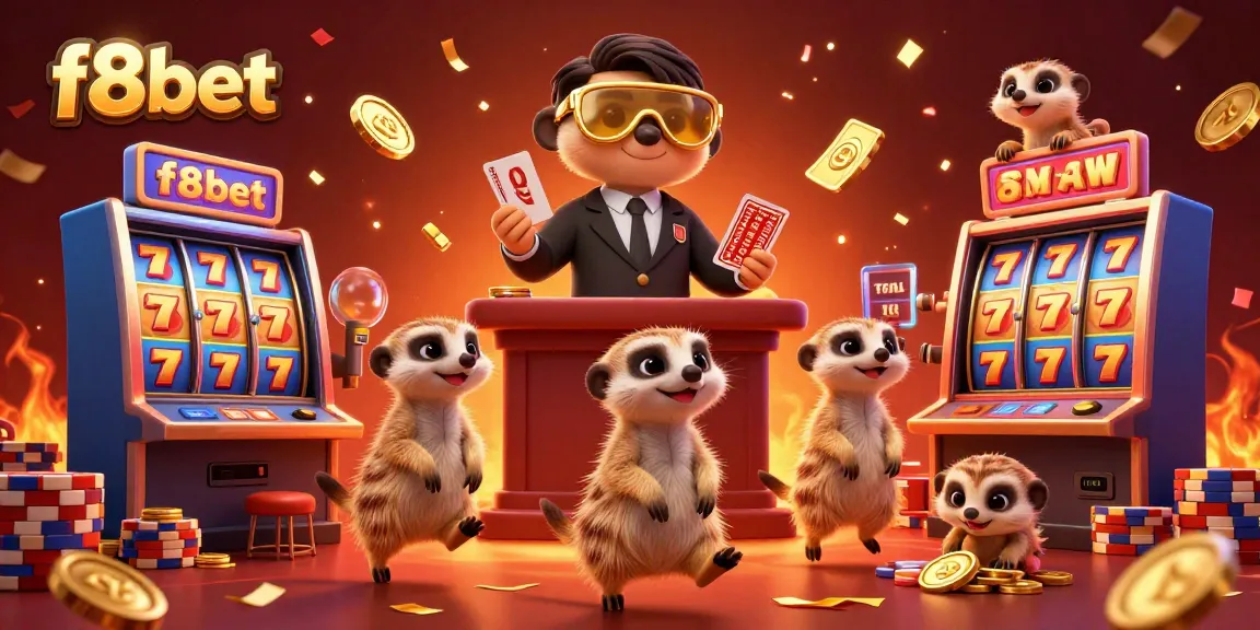 Experience the thrill of f8bet with a festive casino scene featuring colorful slot elements and meerkats.