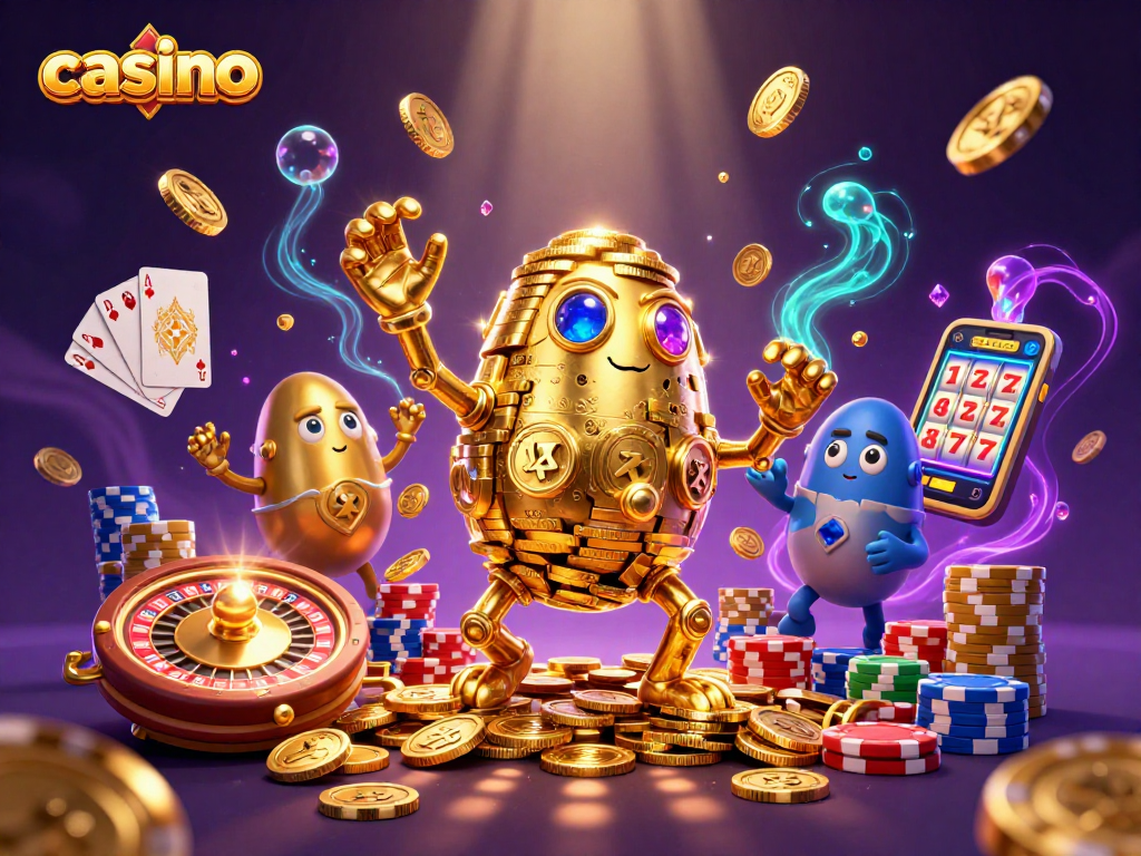 Casino adventure with ancient golden golem and bubbly winning elements in vibrant illustration.
