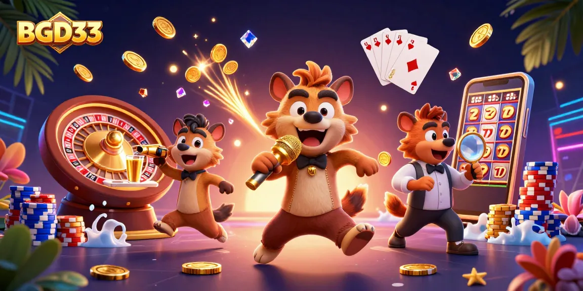 Experience thrilling gaming with BGD33 in a vibrant 3D cartoon casino scene filled with action and excitement.