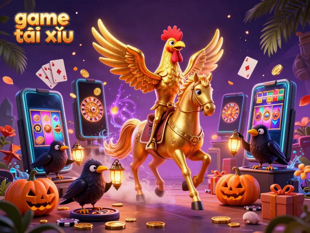 Experience the excitement of game tài xỉu in this vibrant casino scene with golden rooster and enchanting characters.