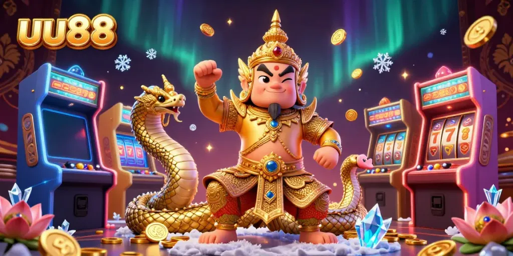 Engage with the vibrant uu88 scene, showcasing a friendly yaksha guardian surrounded by Naga serpents and dynamic gambling elements.