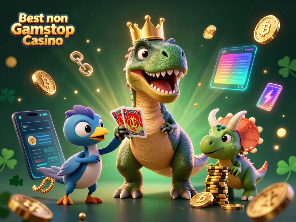 Engage in the thrill of the Best non Gamstop Casino with a T-Rex shuffling cards and vibrant crypto elements.