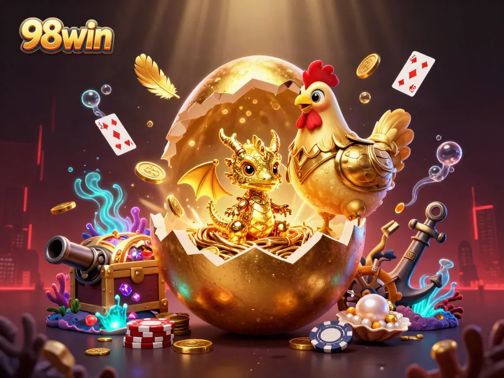 Experience thrilling wins at 98win with a dazzling golden dragon amidst poker chips