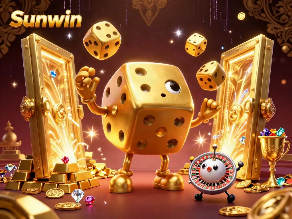 Experience exciting gaming action with Sunwin at a vibrant casino featuring golden dice, treasures, and dramatic lights.
