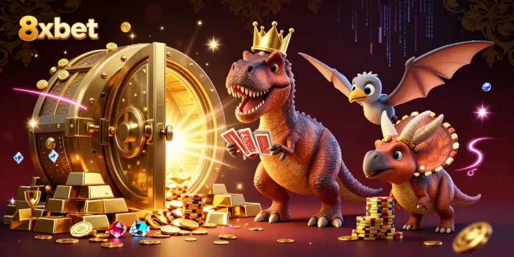 Engage in thrilling gambling at 8xbet with a vibrant, whimsical casino-themed illustration.