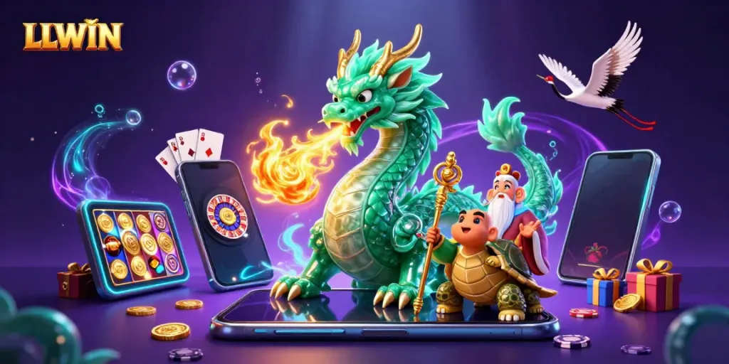 Engage with LLWIN's dynamic gaming scene featuring a jade dragon and lucky cranes in rich detail.
