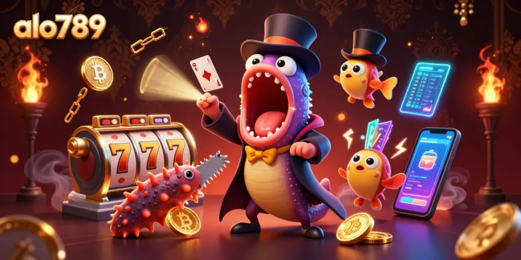Alo789 showcases a thrilling card trick act by a gulper eel in a casino atmosphere, featuring dynamic gambling elements.