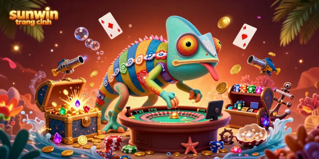 Experience sunwin trang chính with a vibrant chameleon casino owner and immersive treasure-filled setting.
