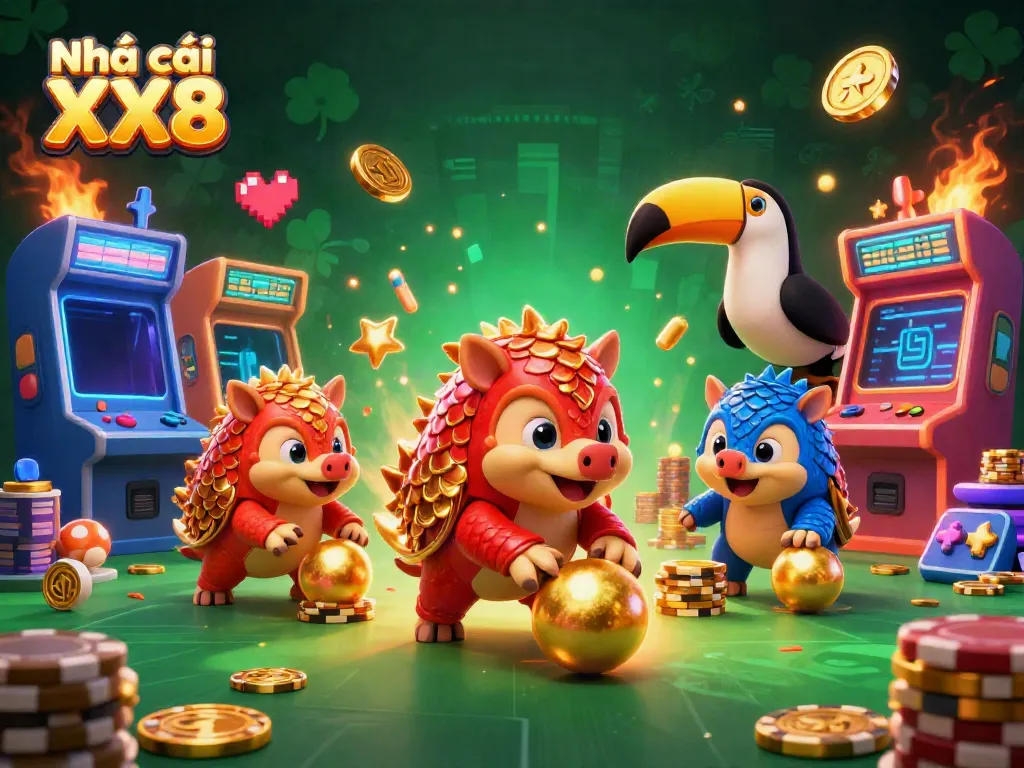 Engaging scene featuring Nhà cái XX8 with rival pangolins rolling into golden balls amidst vibrant casino-themed elements.