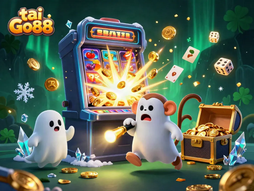 Engage with tai Go88's thrilling casino scene featuring a playful poltergeist monkey and a curious puppy.