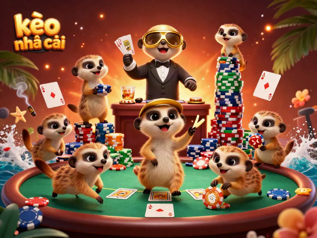 Betting excitement at kèo nhà cái with meerkats running a vibrant casino.