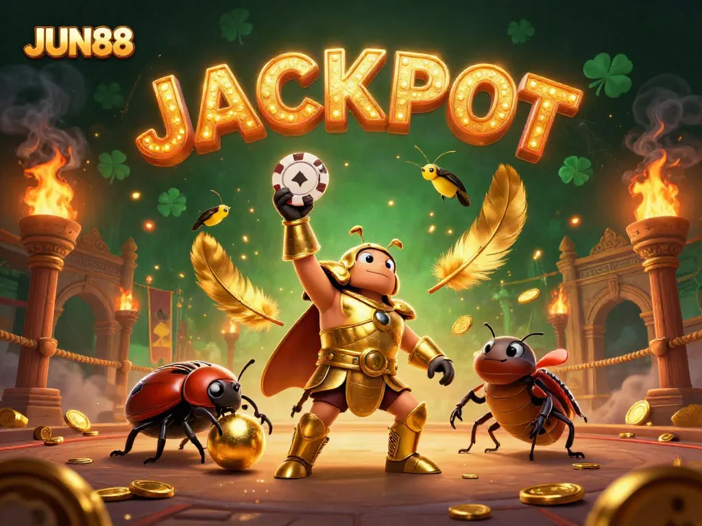 Victory scene in JUN88 celebrating gambling wins with a hercules beetle and golden poker chip.