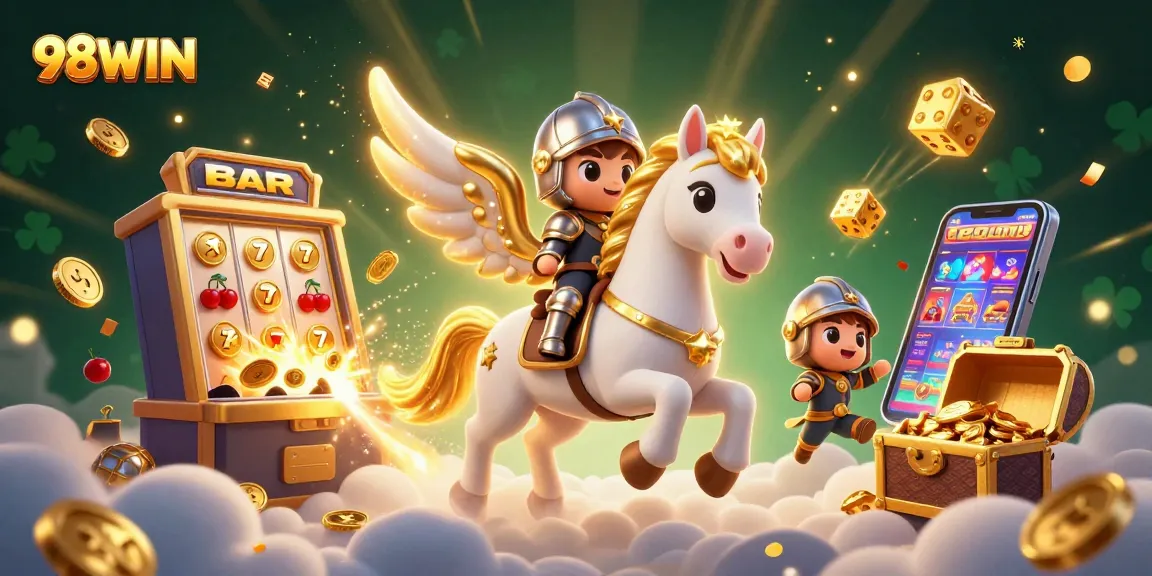 Experience the excitement of 98WIN with a thrilling jackpot scene and celestial characters amidst a casino dreamscape.