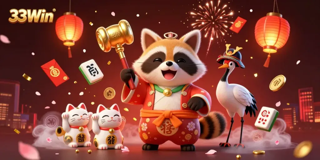 Experience the vibrant world of 33Win with a cheerful tanuki and lucky symbols in a festive 3D casino scene.