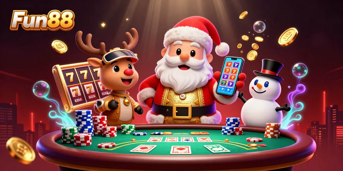 Fun88 players celebrate jackpot slots with Santa, reindeer, and snowman in a colorful casino.