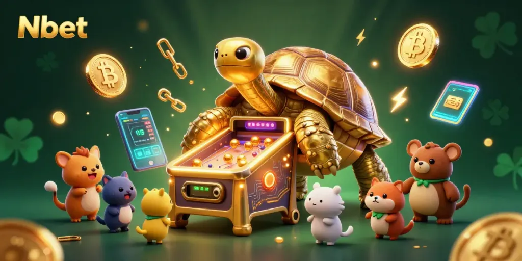 Nbet players engage with a colossal golden tortoise slot machine in a vibrant casino scene.