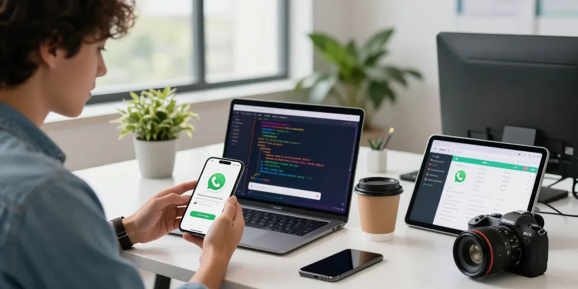 Downloading WhatsApp下載 on a smartphone in a modern tech office environment.