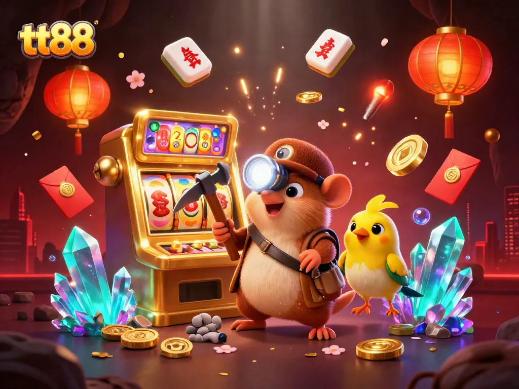 Engage with tt88's vibrant casino world, featuring a treasure hunter mole and dynamic gaming elements.