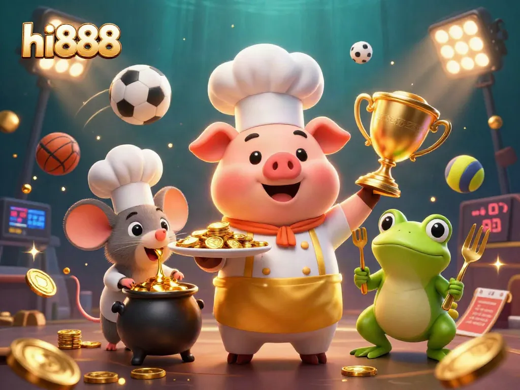 Join the fun with hi888 as the chef pig serves gold coins in a lively casino scene.