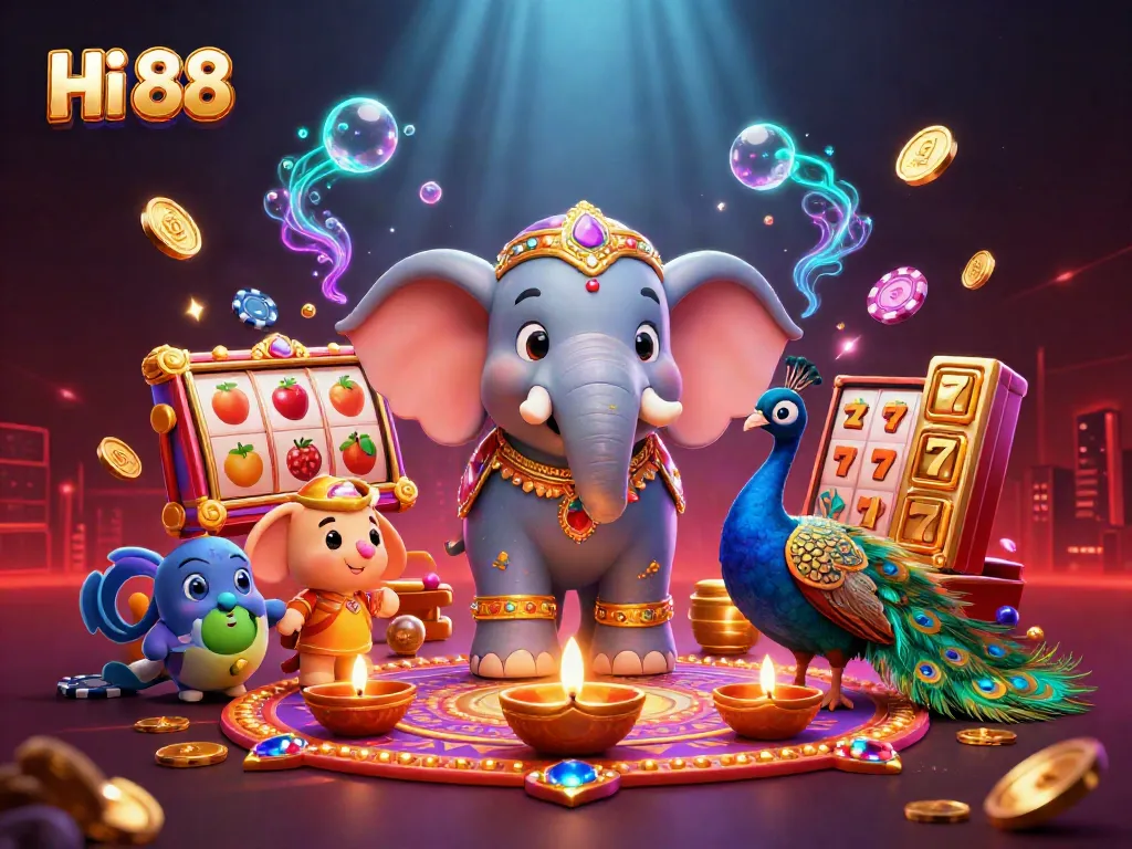 Play slots at Hi 88 with vibrant 3D casino-themed illustration featuring an ornate elephant and rich game elements.