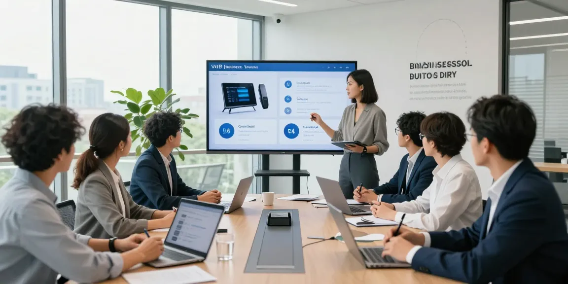 Team discussing advanced business phone systems in a bright conference room.