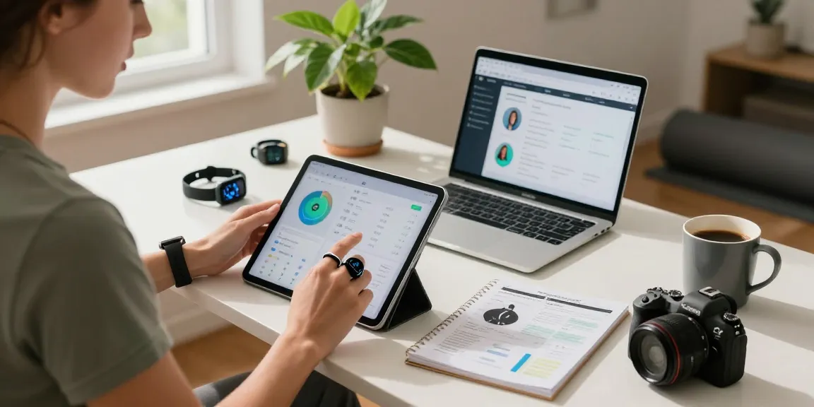 Individual analyzing health metrics with a smart ring in a cozy apartment.