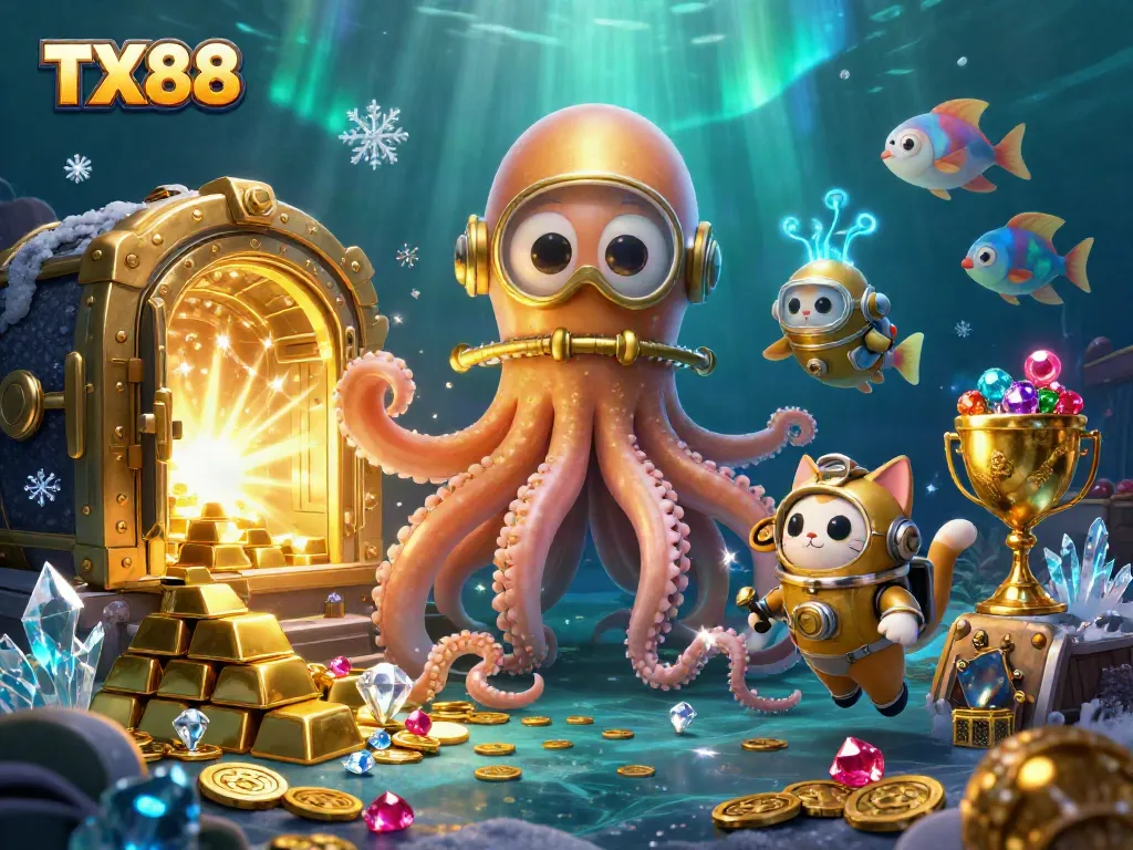 Engage with the treasure-filled scene featuring TX88, where golden tentacles and a diving cat meet bioluminescent fish while uncovering casino gems.