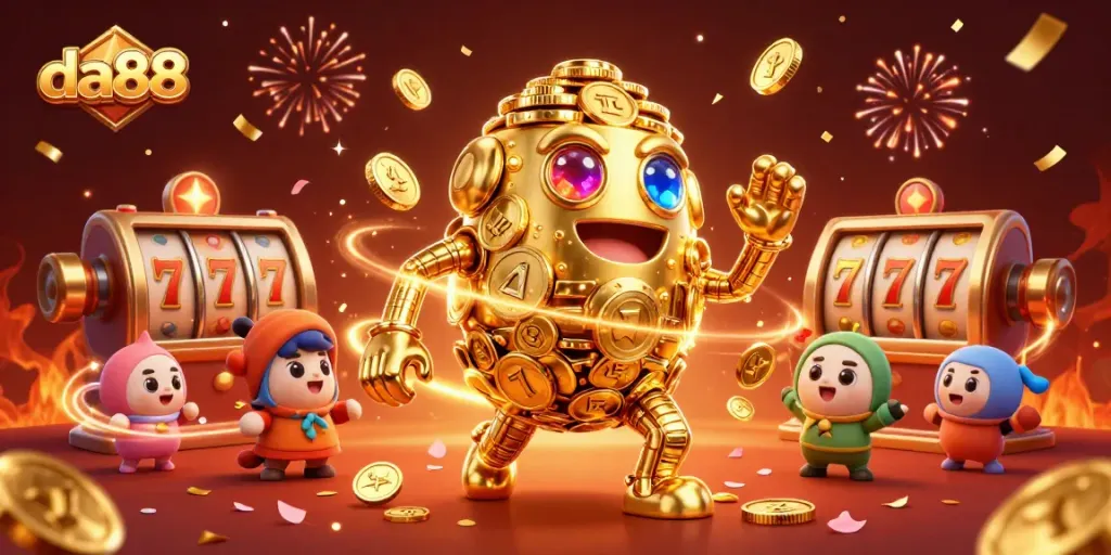 Play exciting games at da88, showcasing a golden golem amid vibrant slot symbols and festive fireworks.