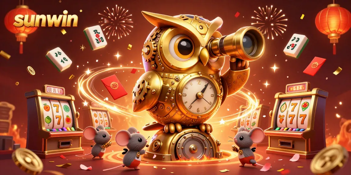 Engaging illustration of sunwin casino featuring a golden owl, festive decorations, and exciting slot machines