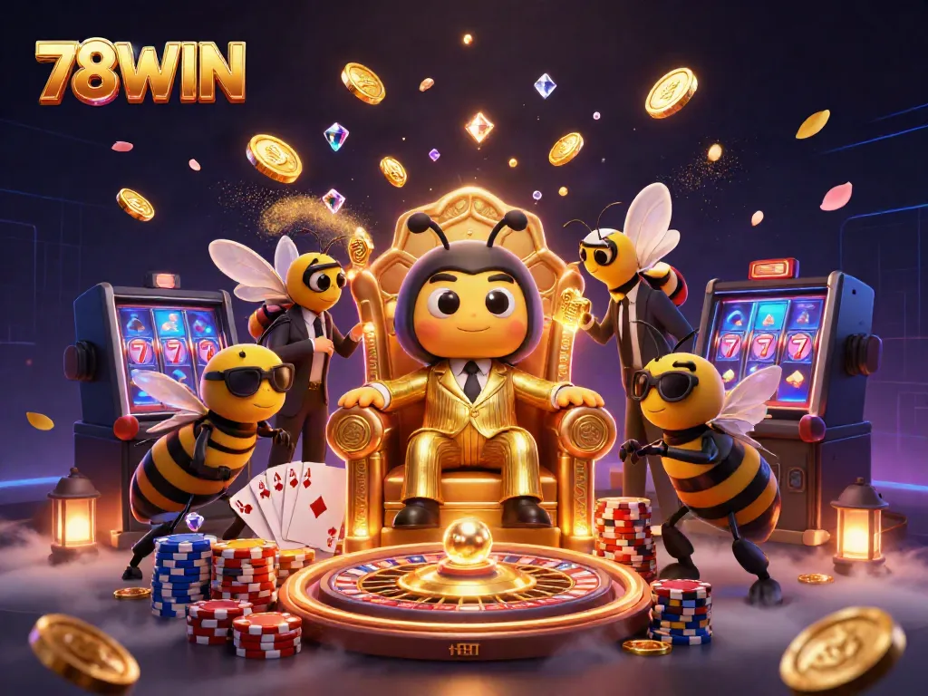 Experience the thrill of 78WIN with charming casino characters amidst glimmering game elements.
