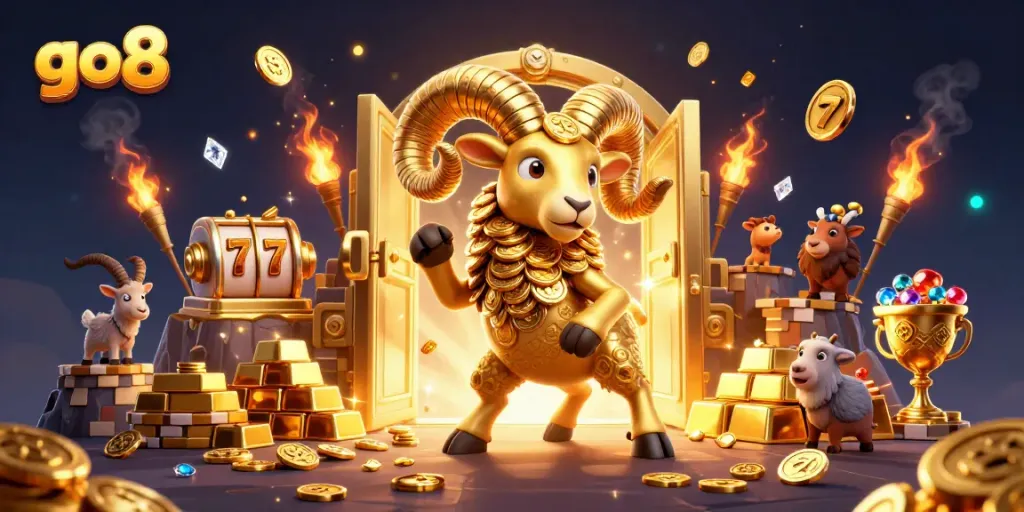 Experience enchanting wins at go 8 with a vibrant slot gaming scene featuring golden ram and treasure!