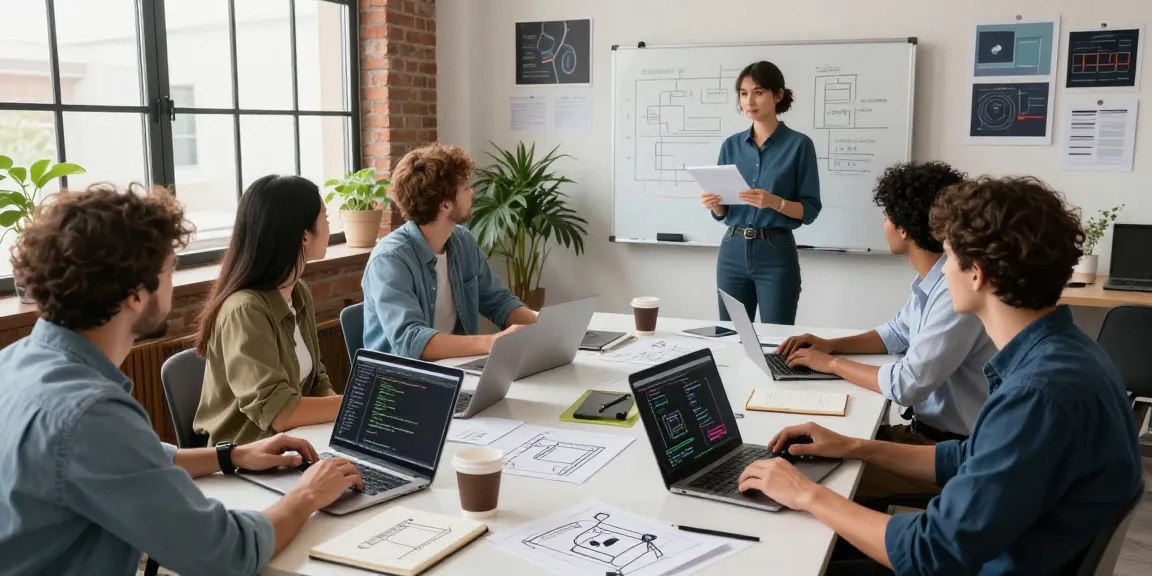 Build internal tools with AI collaborative workspace with a diverse team brainstorming innovative software solutions.