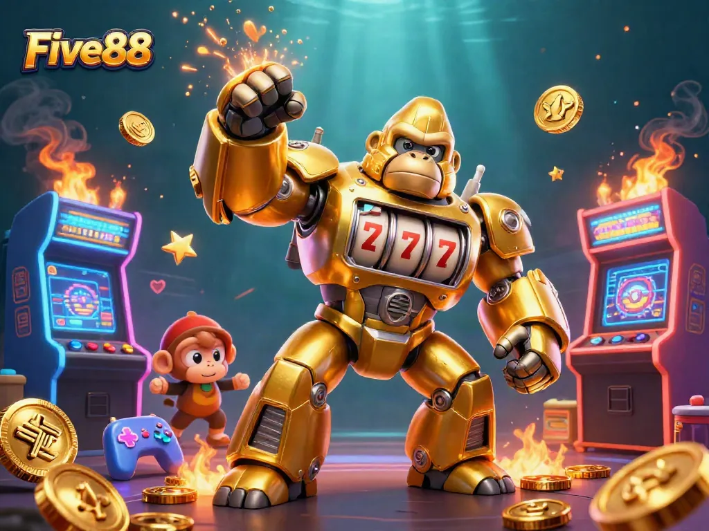 Experience the thrill of Five88 with dynamic gaming action, featuring a golden gorilla mech and exciting casino elements.