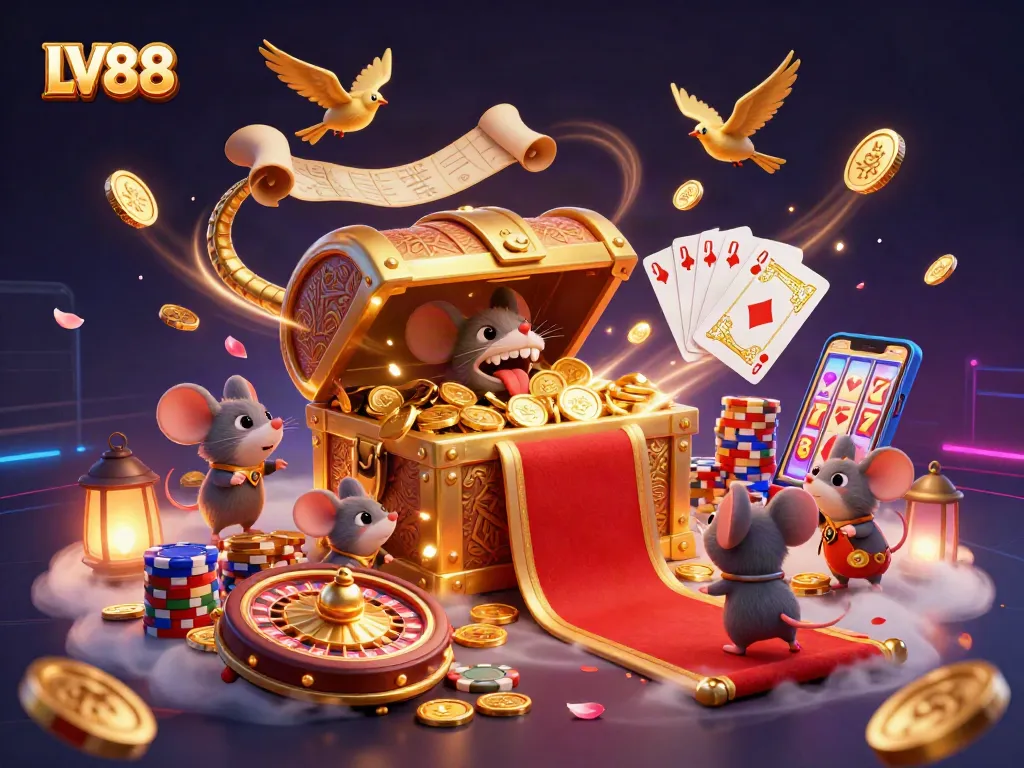 Catch exciting winnings at LV88, featuring treasure chests and vibrant casino elements.