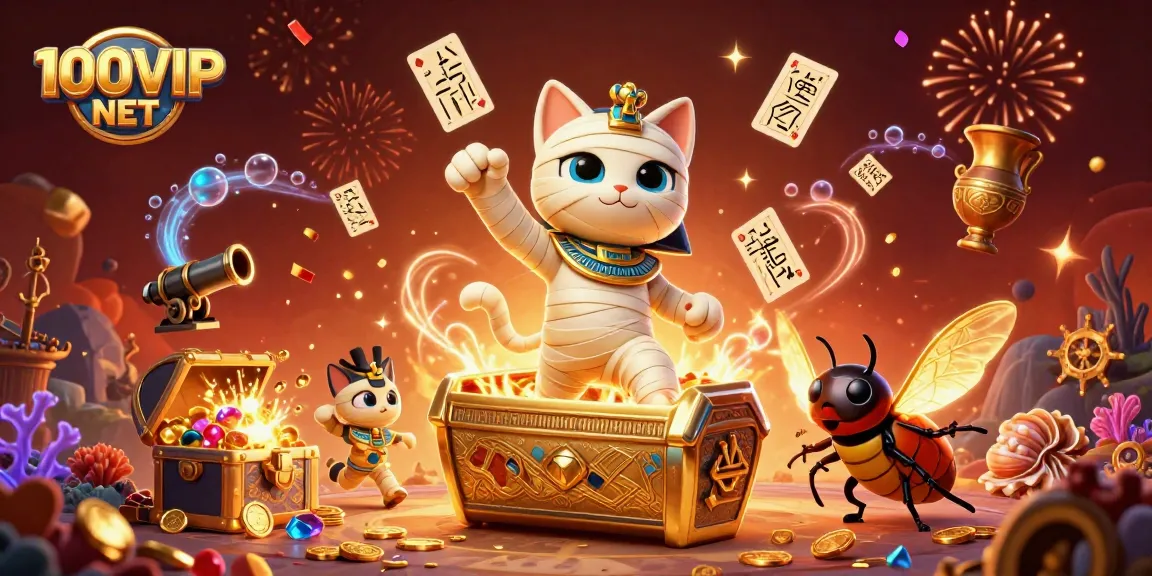 Experience the excitement of 100VIP NET with a lively casino scene featuring Egyptian themes and treasures.