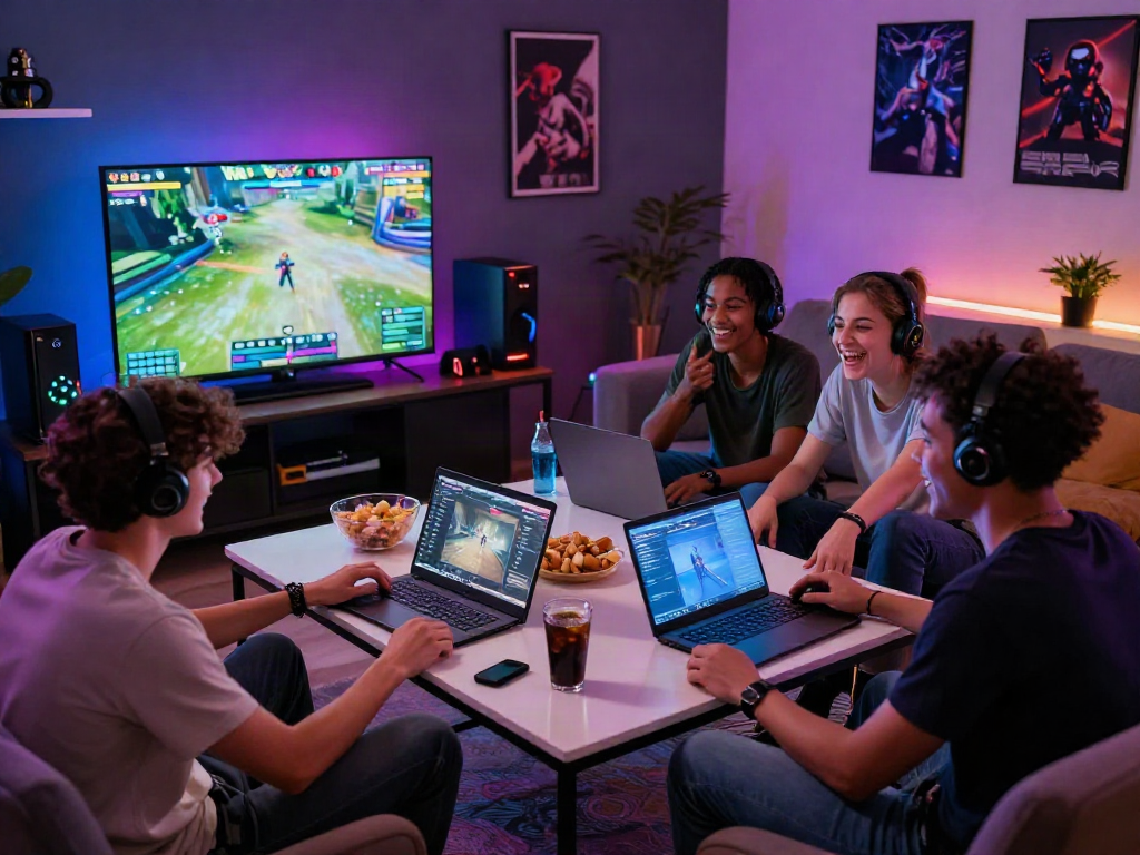 Friends enjoying an engaging gaming session with porngame on the big screen, surrounded by snacks and excitement.