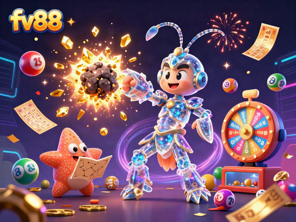 Experience excitement with fv88's vibrant animated casino scene filled with lottery balls, confetti, and fun.