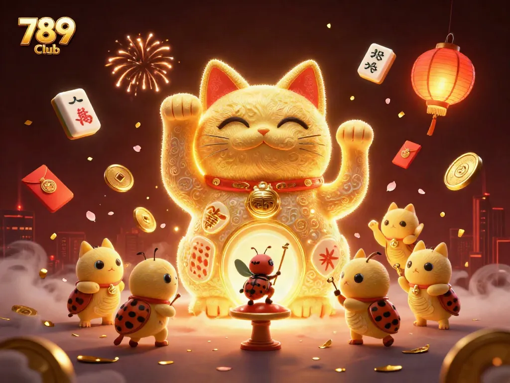 Experience the excitement of 789 Club with this dynamic illustration of a lucky cat in a festive casino scene.