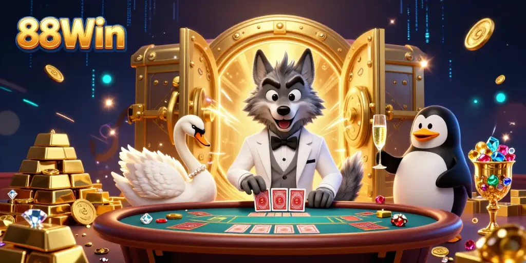 Experience the exhilarating world of 88Win with stunning casino vibes featuring vibrant characters and rich treasures.