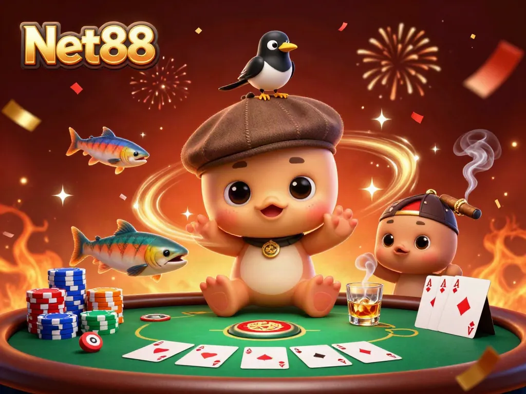 Experience thrilling gameplay with Net88's vibrant casino elements and characters.