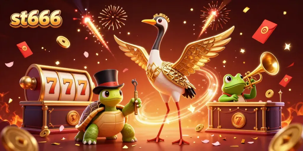 Engage with st666 in a vibrant casino scene showcasing dynamic slot reels and lively characters.