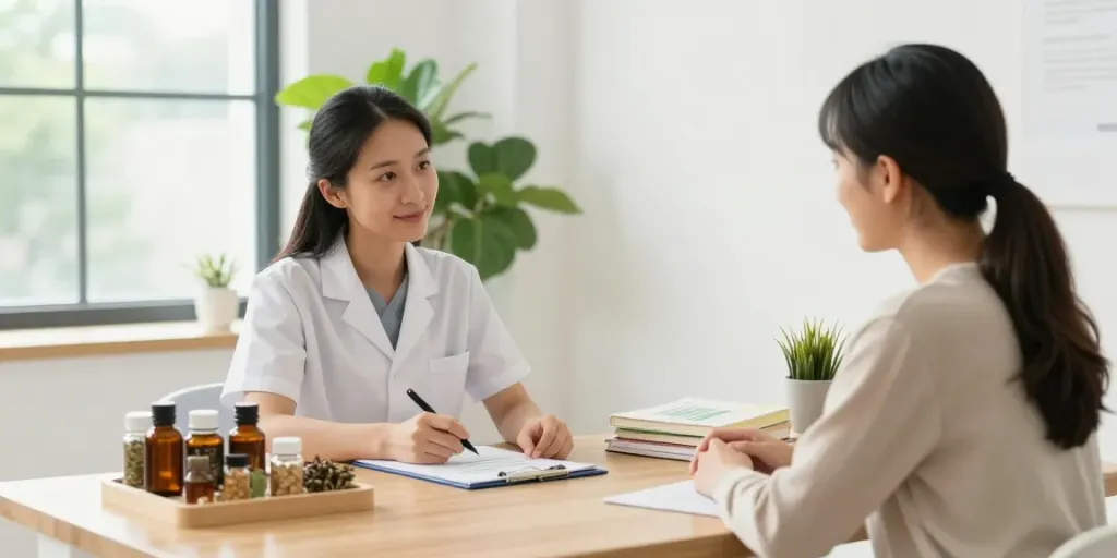 Naturopath London consulting a client on holistic nutrition in a serene clinic.