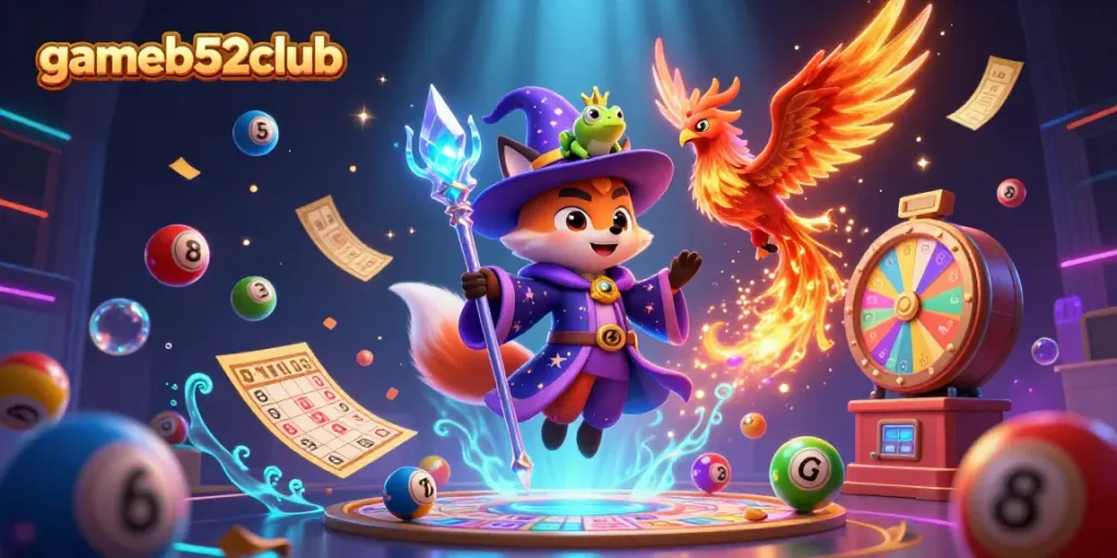 Experience the excitement of gameb52club with a vibrant 3D animated scene filled with mystical characters and lottery elements.