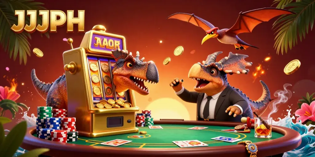 Experience the thrill of JJJPH with a dinosaur-themed slot machine adventure amidst flying coins.