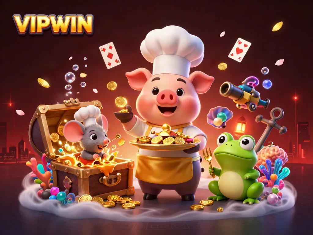VIPWIN cartoon illustration with a chef pig, sous-chef mouse, and frog in a dynamic casino scene filled with gold coins and treasures.
