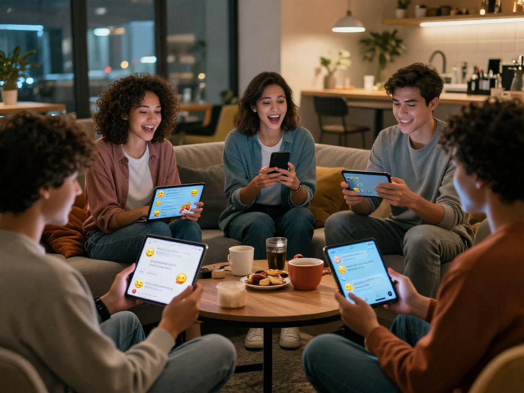 Engaging scene of diverse individuals interacting through nsfw ai chat in cozy settings with digital devices.